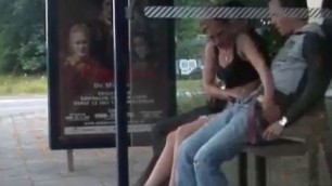 Threesome sex at the bus stop